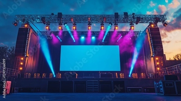 Obraz A professional outdoor concert stage setup featuring advanced rigging, dazzling beam lights for dynamic effects, a sophisticated sound system, and a blue blank screen mockup for projections.

