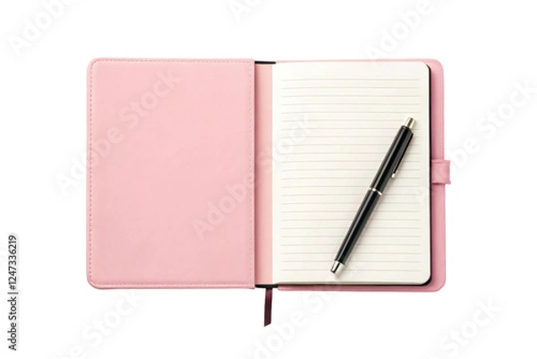 Fototapeta Open pink notebook with a pen ready for notes, cut out
