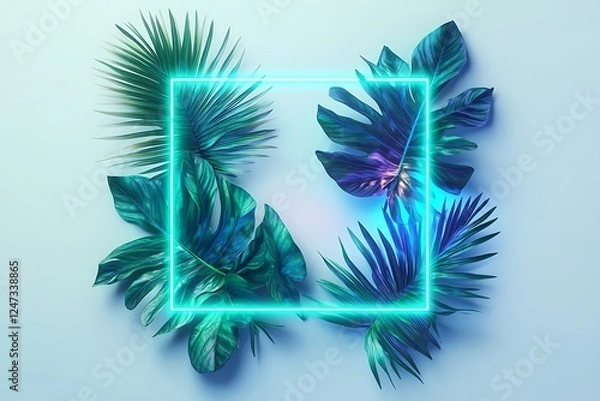 Fototapeta Blue and green neon lights illuminating tropical leaves in a square shape on a solid white background.
