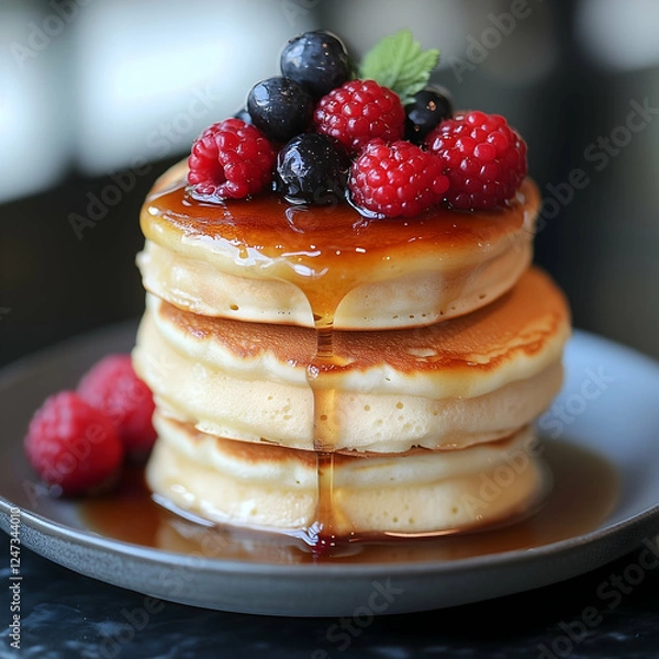 Fototapeta Fluffy pancakes topped with fresh berries and syrup on a rustic plate, a delightful treat in a cozy cafe setting. Generative AI