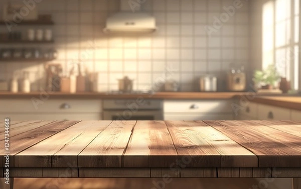 Obraz Empty wooden table top with a blurred kitchen interior background for product display montage, modern country-style kitchen room interior design, white cabinets and a wood countertop, blurred light 