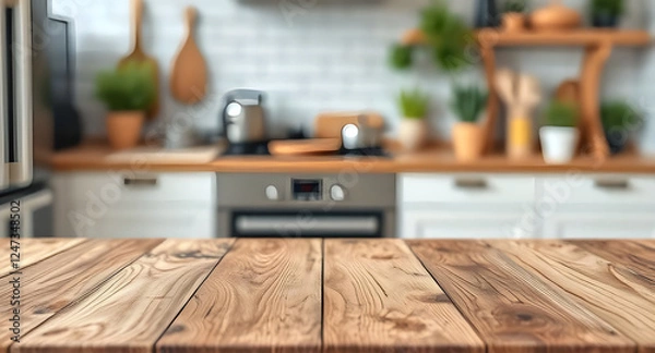 Fototapeta Wood table top on blurred kitchen background. can be used mock up for montage products display or design layout