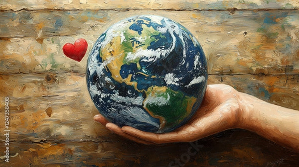 Fototapeta Hand Holding the Earth with a Heart - Symbol of Love and Global Unity