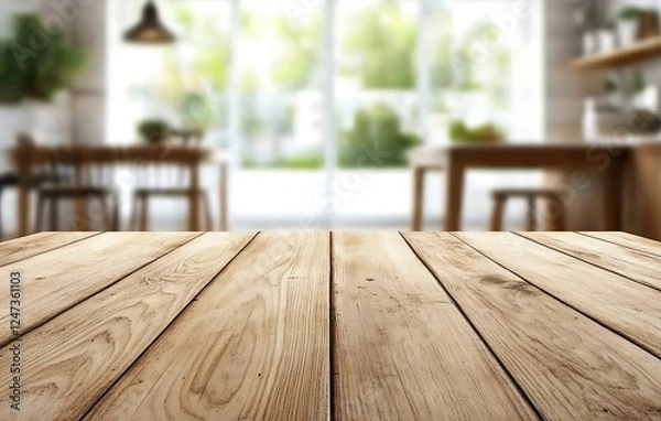 Obraz Empty wooden table top with a blurred kitchen interior background for product display montage, e-commerce, and advertising concepts