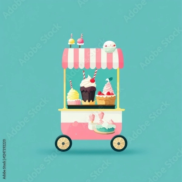 Fototapeta Dessert cart with cupcakes, ice cream, and sweets against a solid background