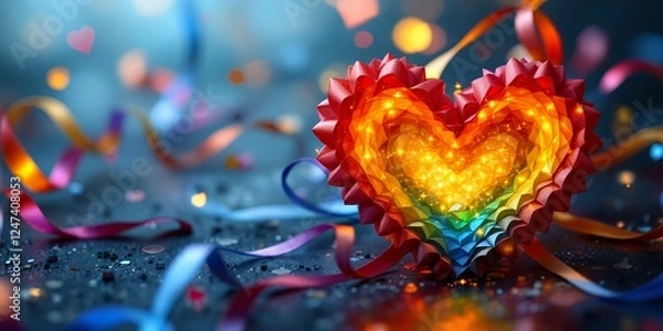 Fototapeta Vibrant Rainbow Heart Decoration Surrounded by Colorful Streamers for Pride Month Celebration. An Event Celebration Featuring Colorful Decorations. A Festive Atmosphere. A Symbol of Love and Unity. A