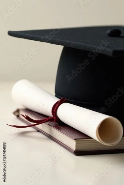 Fototapeta Black graduation cap atop diploma on textbook; academic concept, ink, learning