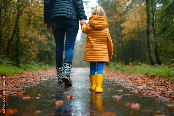 Fototapeta Mother and child walking on wet autumn path in rain boots