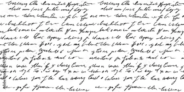 Fototapeta Abstract illegible handwritten text, seamless pattern. Vintage grunge bad calligraphy script, old book document. Vector illustration of monochrome unreadable handwriting cursive poetry paragraph