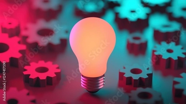 Fototapeta Creative thinking concept, a glowing lightbulb surrounded by colorful abstract patterns and gears, symbolizing the generation of bright ideas and new solutions