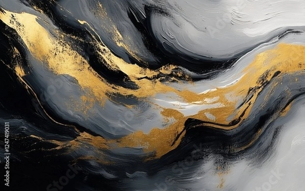 Obraz Luxurious black, white, and gold abstract acrylic painting with fluid metallic accents, high-end artistic texture for elegant interior decor, digital prints, and contemporary fine art