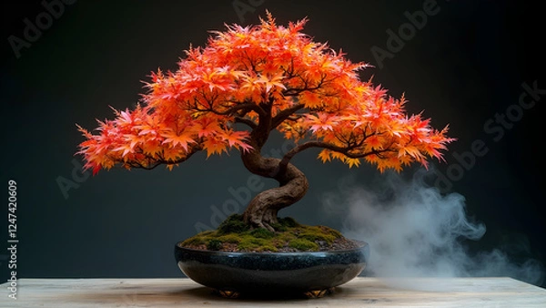 Obraz A vibrant Japanese maple bonsai with fiery red-orange leaves, set in a sleek black pot with mist rising around it. A striking blend of autumn beauty and Zen aesthetics.