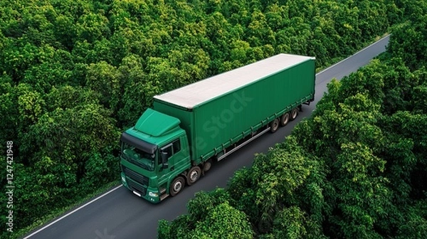 Fototapeta Eco-friendly logistics truck driving through a forest with a focus on green transportation methods, reducing carbon emissions and supporting sustainable travel towards net-zero emissions