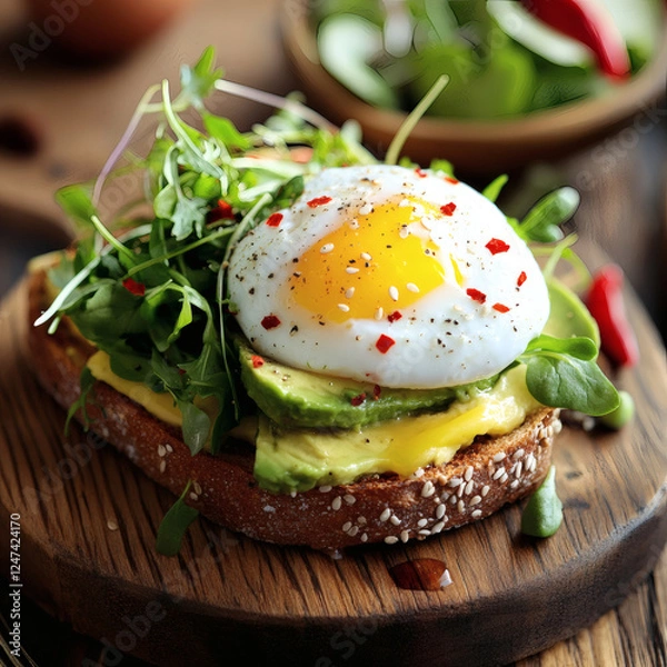 Fototapeta Delicious Avocado Toast with Poached Egg and Fresh Toppings in Soft Morning Light