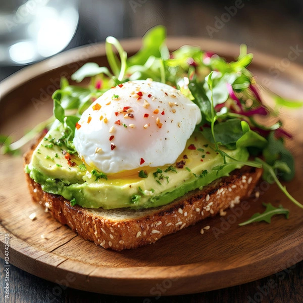 Fototapeta Delicious Avocado Toast with Poached Egg and Fresh Toppings in Soft Morning Light
