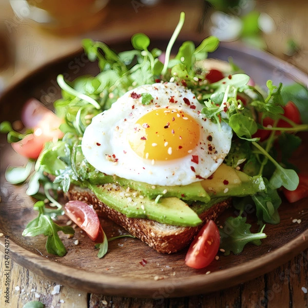 Fototapeta Delicious Avocado Toast with Poached Egg and Fresh Toppings in Soft Morning Light
