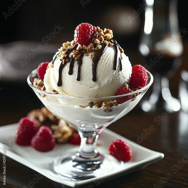 Fototapeta Decadent Vanilla Ice Cream Dessert with Raspberries and Chocolate Drizzle