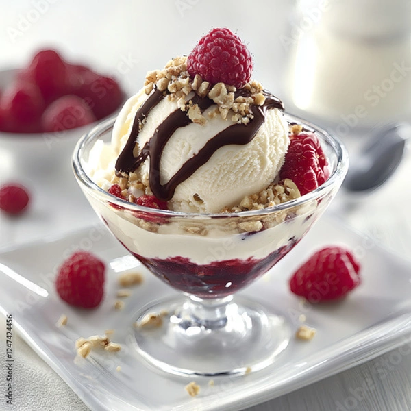 Fototapeta Decadent Vanilla Ice Cream Dessert with Raspberries and Chocolate Drizzle