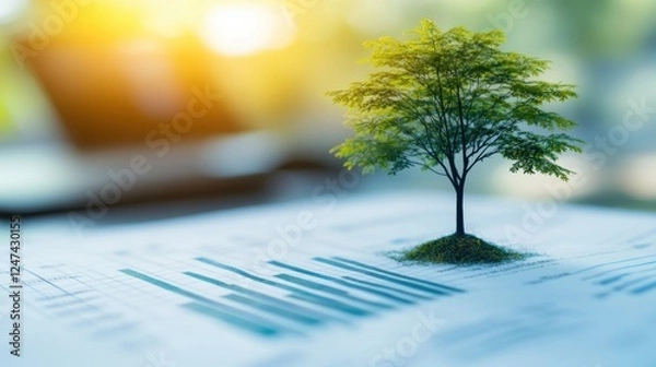 Fototapeta Miniature Tree Growing from Financial Data Report Symbolizing Sustainability and Economic Growth