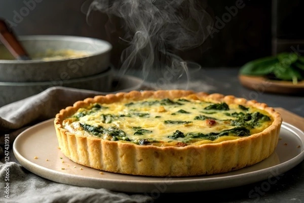 Obraz French quiche with cheese and spinach, baked until golden brown