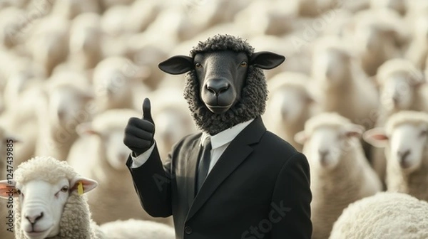 Obraz Black sheep wearing a suit, standing tall with a thumbs-up, amidst a group of white sheep