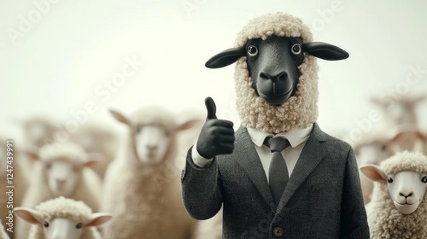 Obraz Black sheep wearing a suit, standing tall with a thumbs-up, amidst a group of white sheep