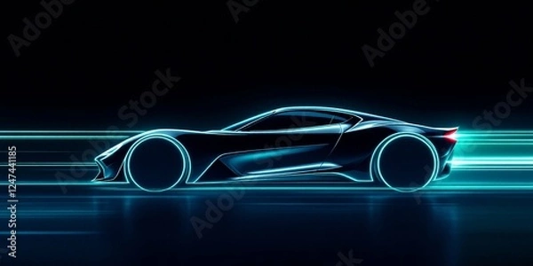 Fototapeta Futuristic sports car silhouette with neon blue light streaks on black background. Speed and motion concept. Modern automotive design with glowing effects for tech banner