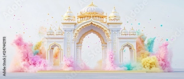 Fototapeta  Indian Holi Symmetrical Archway with Colorful Powder Bursts on White Background, Traditional  Motifs, Gold Accents, and Vibrant Splashes. Copy space. Generative AI 