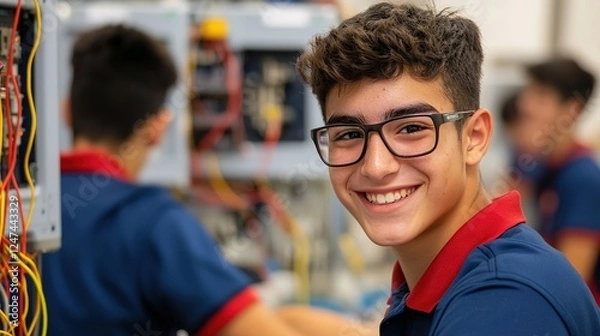Fototapeta Vocational classroom filled with young electrician students, smiling as they work on electrical setups, showcasing enthusiasm and focus in a supportive learning environment