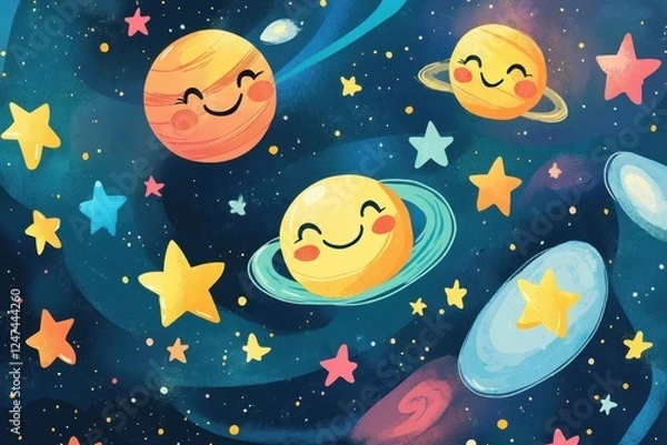 Obraz Cartoon planets and stars float in colorful space scene