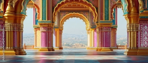 Fototapeta Indian Holi Symmetrical Archway with Colorful Powder Bursts, Traditional Indian Motifs, Gold Accents, and Vibrant Holi Splashes. Copy space. Generative AI 