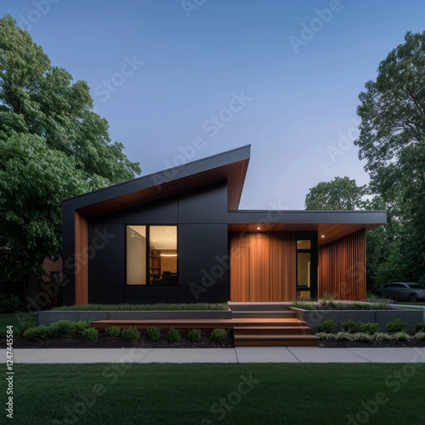Fototapeta Modern A-Frame House with Large Windows and Warm Evening Lighting in Tranquil Landscape