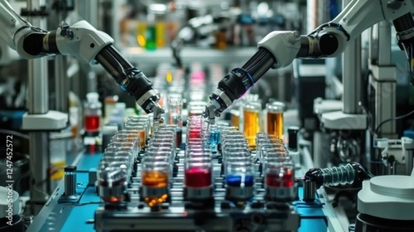 Fototapeta Advanced robotic arms precisely handling vials in a high tech laboratory setting, showcasing automation in scientific research and experimentation with colorful liquids