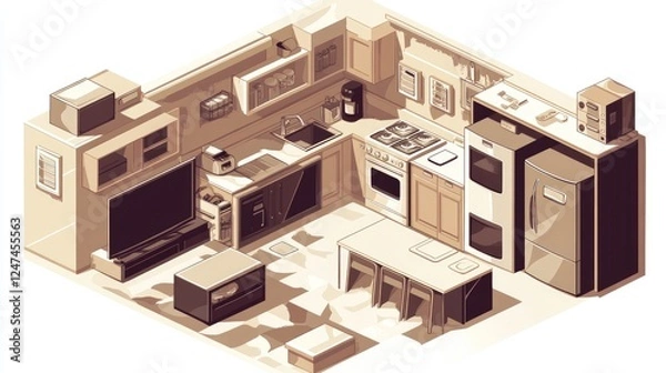 Fototapeta Isometric illustration of a cozy kitchen with appliances, cabinets, and a dining area.