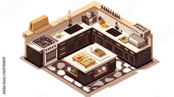 Fototapeta Isometric view of a modern, luxury kitchen with dark cabinets, stone countertops, and stainless steel appliances.  Food and wine are displayed on the kitchen island.