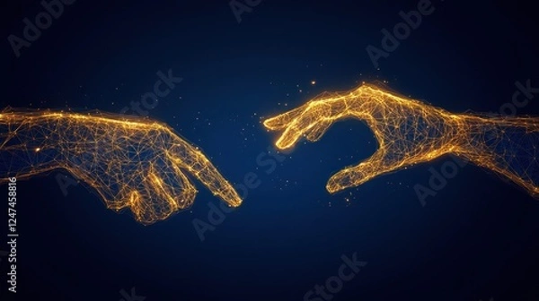Fototapeta Golden hands reaching, digital art, dark background, connection concept