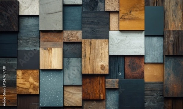 Fototapeta Rustic wooden panels arranged in various tones, showcasing natural textures perfect for an earthy and organic design theme