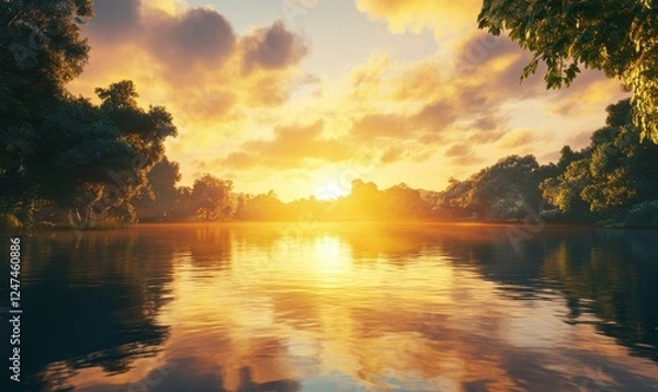 Fototapeta Golden sunset over a tranquil lake surrounded by lush trees, reflecting on calm waters in perfect harmony.