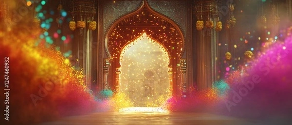 Fototapeta Vibrant Indian Holi Color Bursts Framing and Ornate Archway Palace with Marigold Garlands and Gold Detailing. Copy space. Generative AI