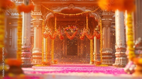 Fototapeta Vibrant Indian Holi Color Bursts Framing and Ornate Archway Palace with Marigold Garlands and Gold Detailing. Copy space. Generative AI