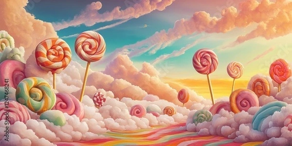 Fototapeta Surreal landscape featuring oversized colorful lollipops and soft fluffy clouds