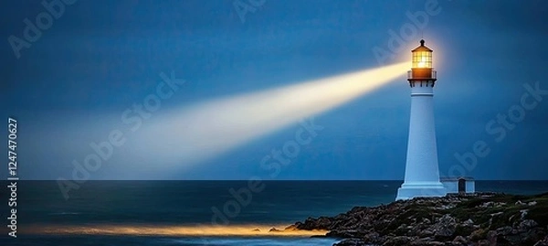 Obraz An abstract, futuristic scene with a lighthouse on a mountain. The night sea view showcases light reflections on the water, accompanied by neon illuminations in a dark seascape