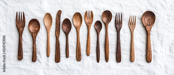 Fototapeta Hand carved wooden spoons and forks arranged neatly on light background, showcasing craftsmanship and natural beauty