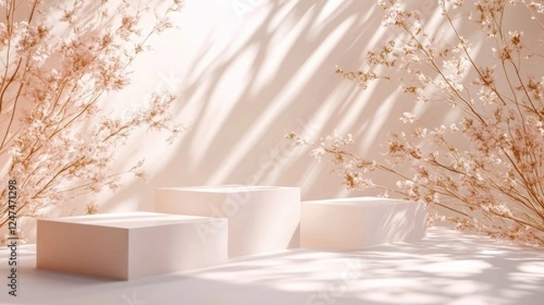 Obraz A serene composition featuring soft pink boxes and delicate flowers, ideal for product displays.