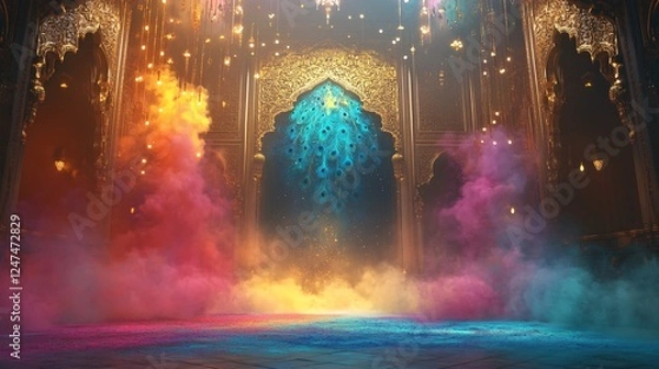 Fototapeta  Indian Holi  Peacock Feather Motif with Colorful Powder Swirls and Hanging Crystal Beads in a Majestic Palace Hall. Copy space. Generative AI