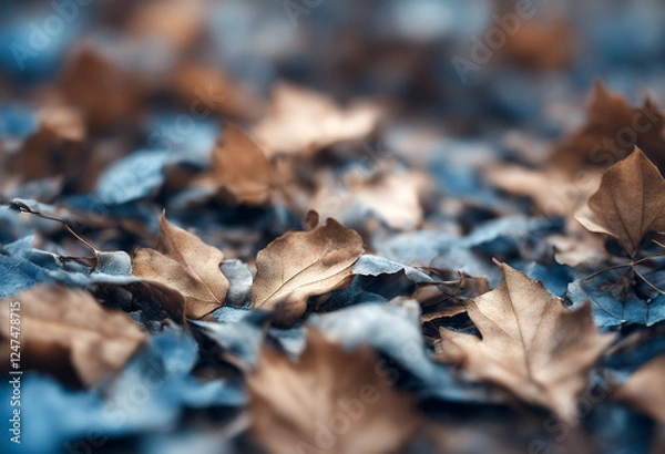Fototapeta tones ground abstract winter grey palette s brown leaves dry blue close leaf background closeup autumn fall foliage natural texture seasonal nature environment earthy colours textured pattern