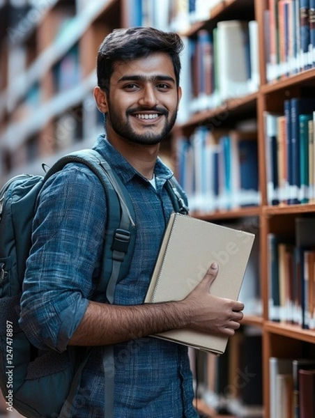 Obraz Young Man with Backpack and Book in Library