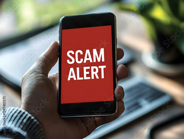 Obraz Scam alert on phone, office background, fraud awareness