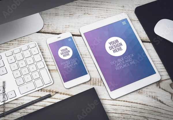 Fototapeta Tablet and Smartphone Close Up on Wooden Desk Mockup 5