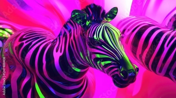 Fototapeta A vibrant, abstract representation of zebras in neon colors against a colorful background.